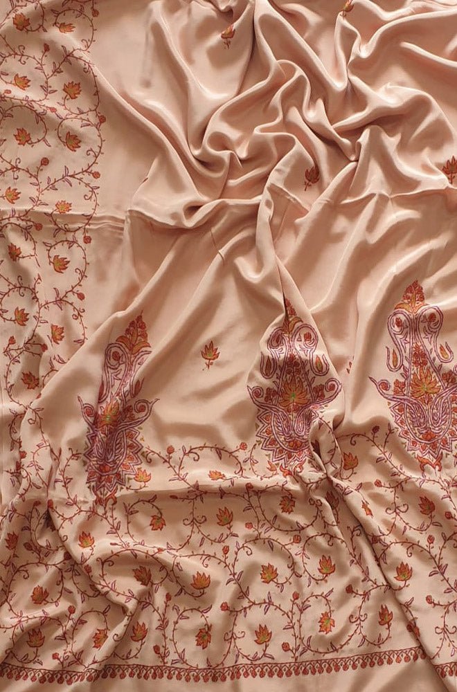 Pastel Embroidered Kashmiri Sozni Work Crepe Flower Design Saree - Luxurion World