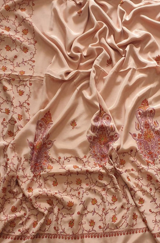 Pastel Embroidered Kashmiri Sozni Work Crepe Flower Design Saree - Luxurion World