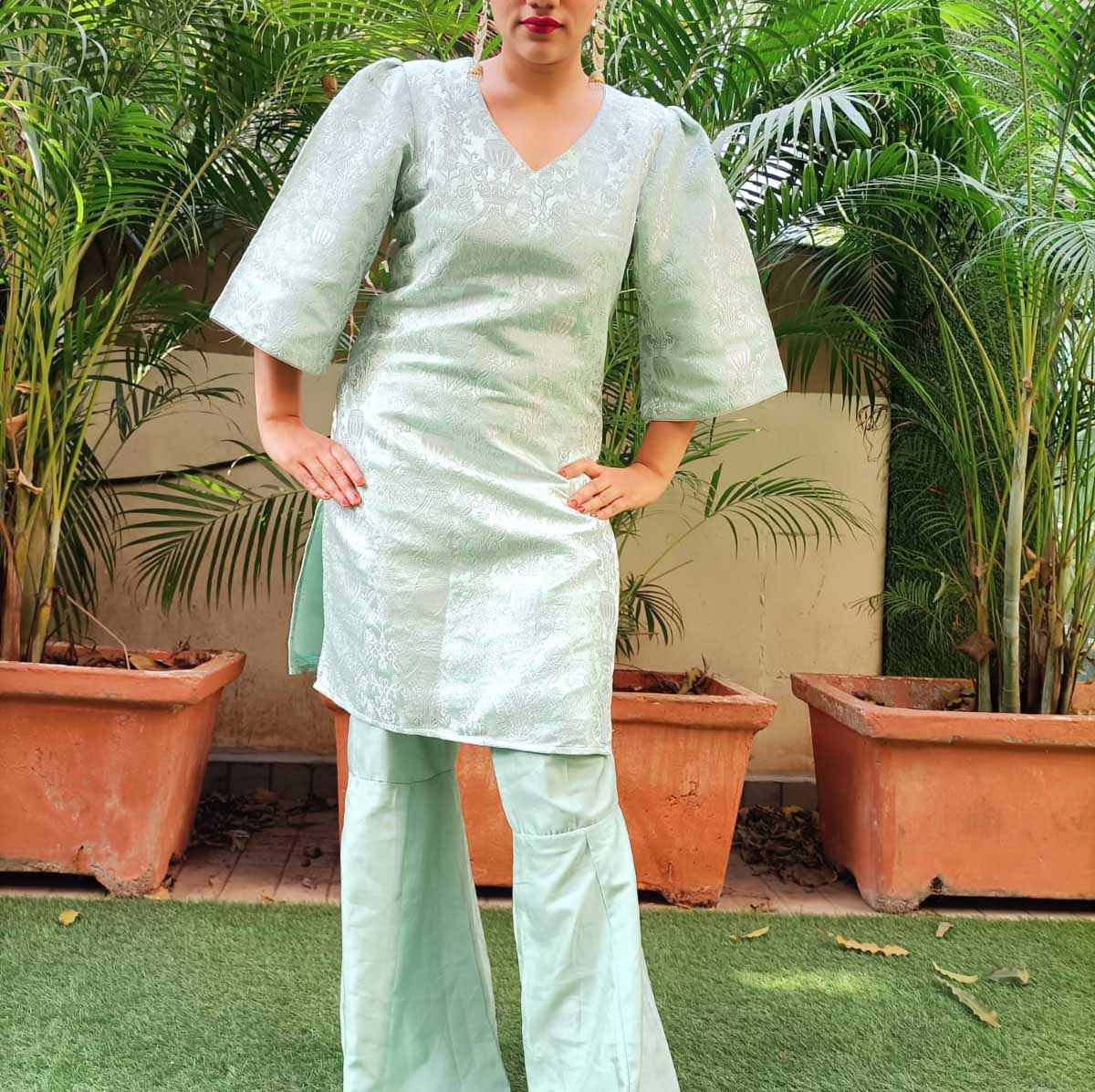 Pastel Green Brocade Silk Suit Set - Luxurion World