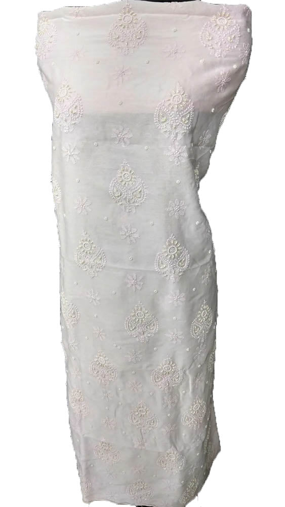 Pastel Hand Embroidered Chikankari Chanderi Silk Unstitched Kurti - Luxurion World