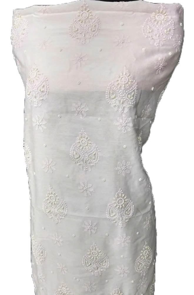 Pastel Hand Embroidered Chikankari Chanderi Silk Unstitched Kurti - Luxurion World