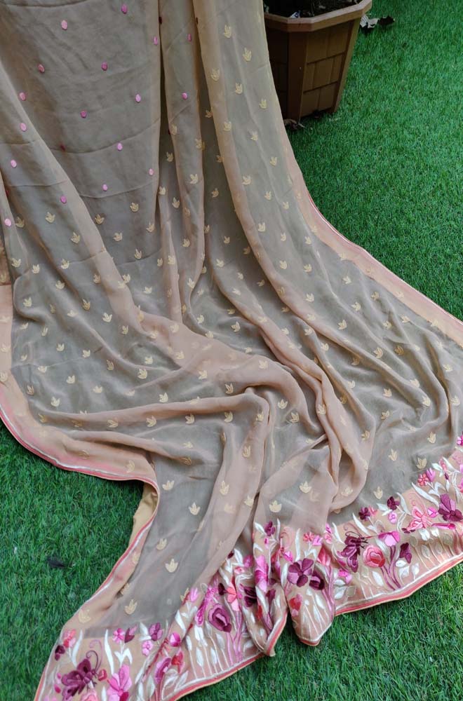 Pastel Hand Embroidered Parsi Gara Pure Georgette Dupatta - Luxurion World