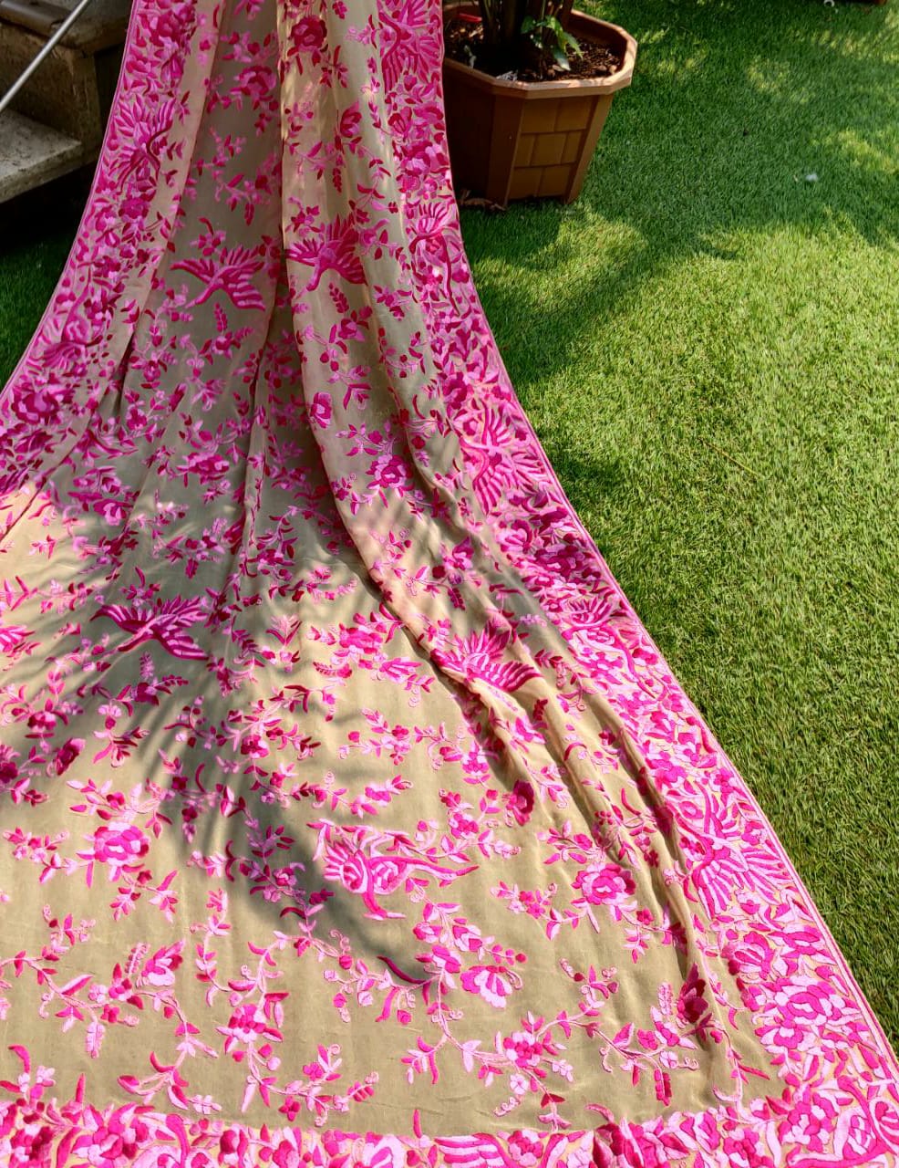 Pastel Hand Embroidered Parsi Gara Pure Georgette Dupatta - Luxurion World