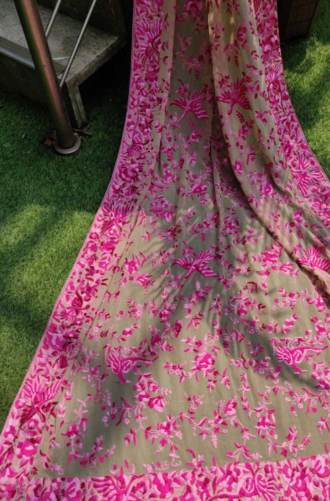 Pastel Hand Embroidered Parsi Gara Pure Georgette Dupatta - Luxurion World