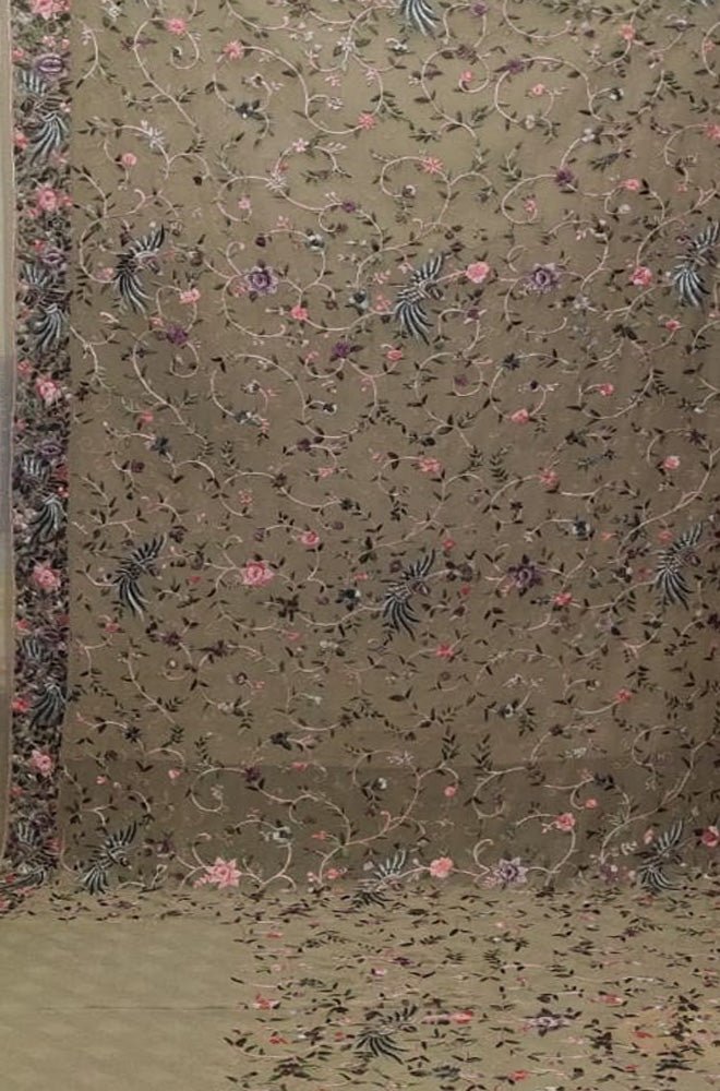 Pastel Hand Embroidered Parsi Gara Pure Georgette Floral Design Saree - Luxurion World