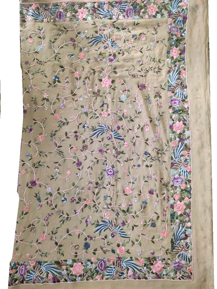 Pastel Hand Embroidered Parsi Gara Pure Georgette Floral Design Saree - Luxurion World