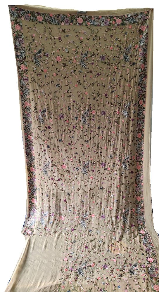 Pastel Hand Embroidered Parsi Gara Pure Georgette Floral Design Saree - Luxurion World