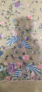 Pastel Hand Embroidered Parsi Gara Pure Georgette Floral Design Saree - Luxurion World