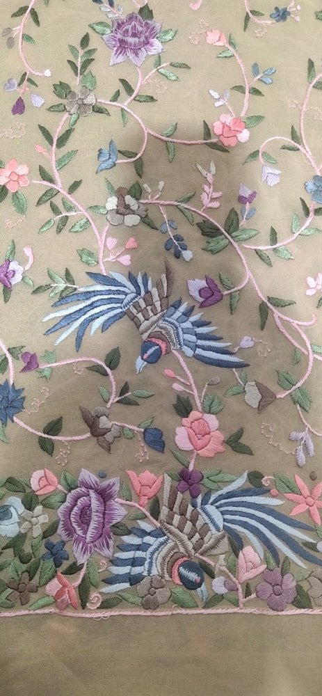Pastel Hand Embroidered Parsi Gara Pure Georgette Floral Design Saree - Luxurion World