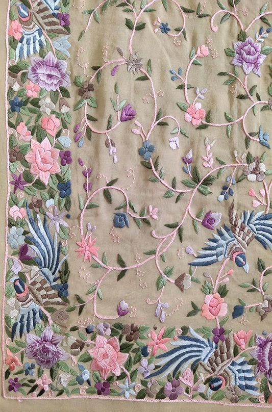 Pastel Hand Embroidered Parsi Gara Pure Georgette Floral Design Saree - Luxurion World