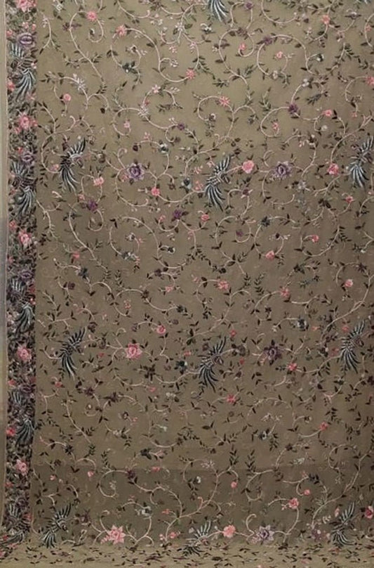 Pastel Hand Embroidered Parsi Gara Pure Georgette Floral Design Saree - Luxurion World