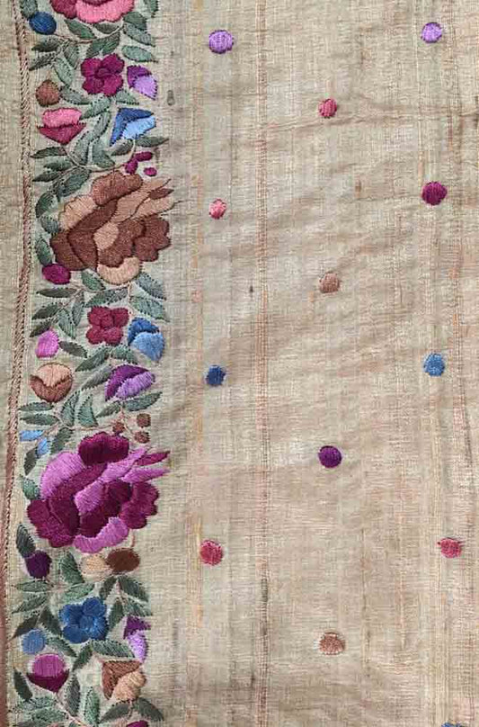 Pastel Hand Embroidered Parsi Gara Tussar Silk Saree - Luxurion World