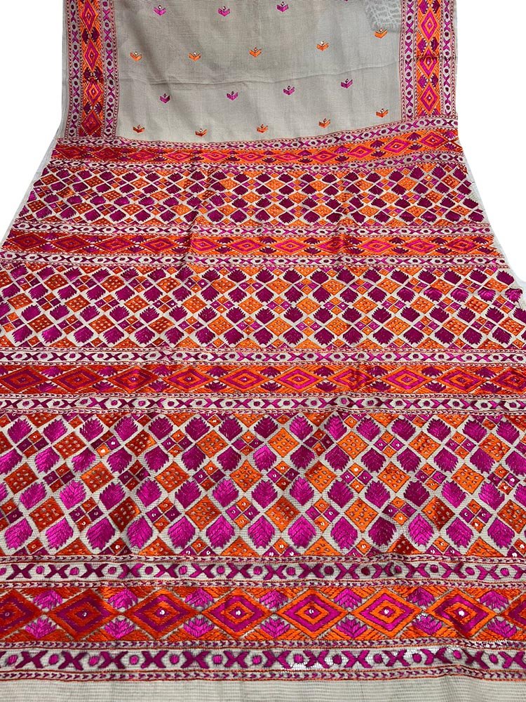 Pastel Hand Embroidered Phulkari Kota Silk Saree - Luxurion World
