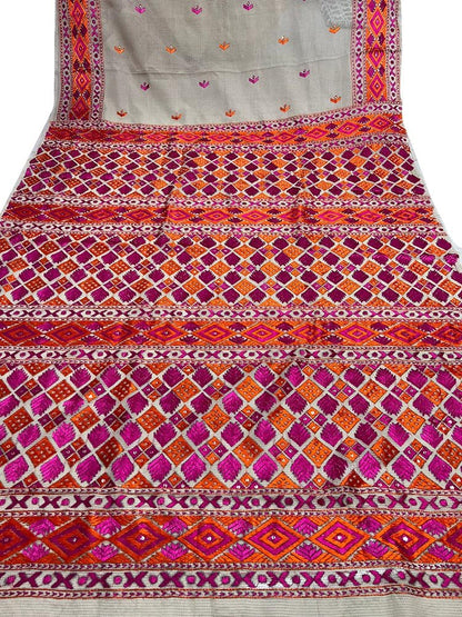 Pastel Hand Embroidered Phulkari Kota Silk Saree - Luxurion World