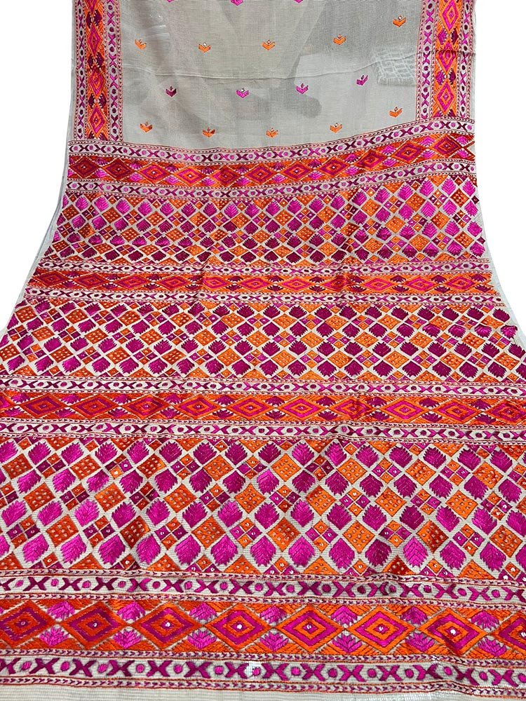 Pastel Hand Embroidered Phulkari Kota Silk Saree - Luxurion World