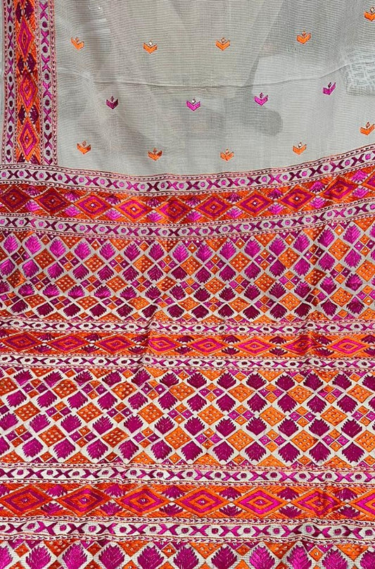 Pastel Hand Embroidered Phulkari Kota Silk Saree - Luxurion World