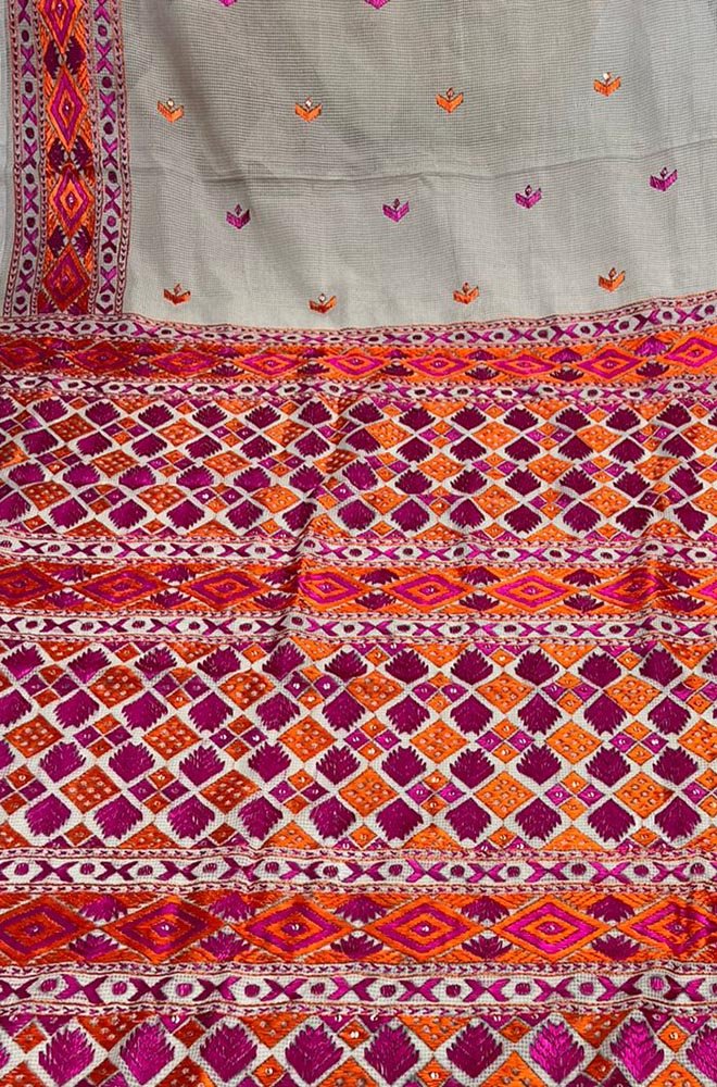 Pastel Hand Embroidered Phulkari Kota Silk Saree - Luxurion World