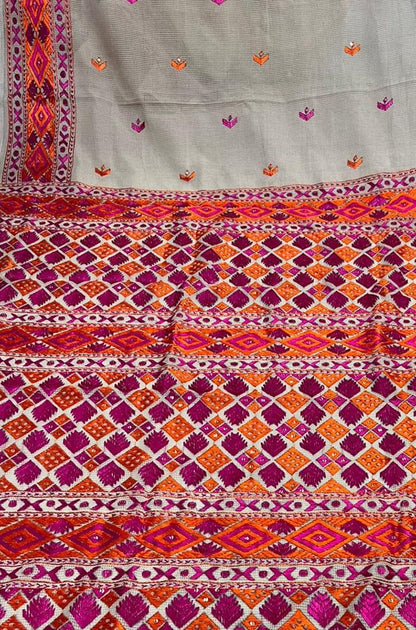 Pastel Hand Embroidered Phulkari Kota Silk Saree - Luxurion World