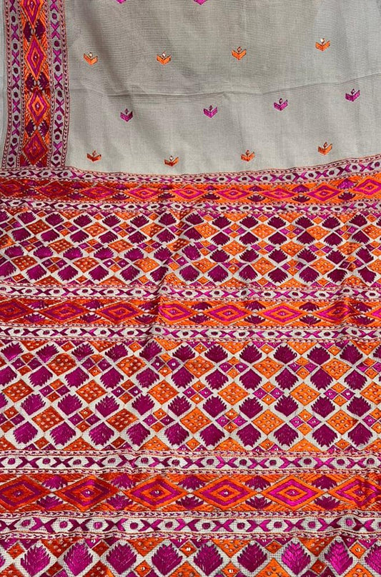 Pastel Hand Embroidered Phulkari Kota Silk Saree - Luxurion World