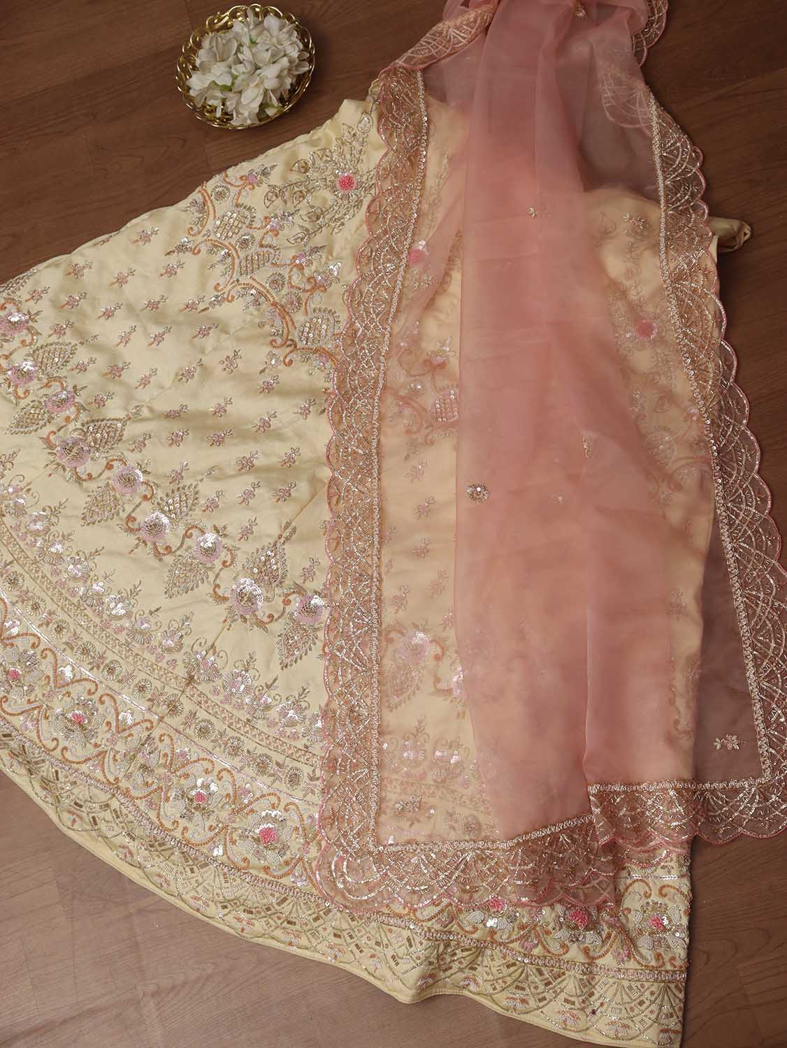 Pastel Hand Embroidered Zardozi Raw Silk Sequins Work Semi Stitched Lehenga Set - Luxurion World