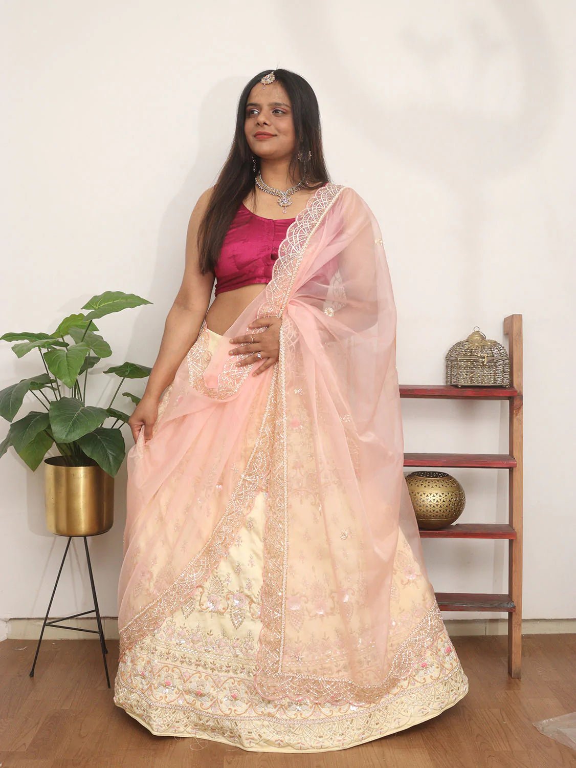 Pastel Hand Embroidered Zardozi Raw Silk Sequins Work Semi Stitched Lehenga Set - Luxurion World