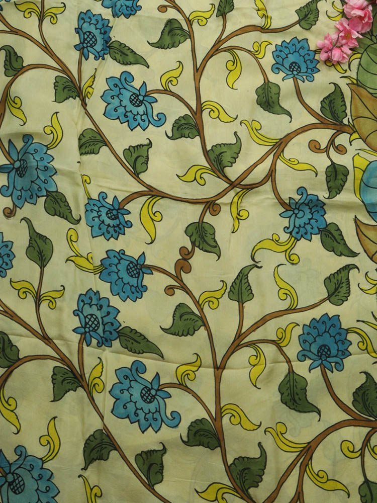 Pastel Hand Painted Kalamkari Pure Silk Fabric ( 1 Mtr ) - Luxurion World