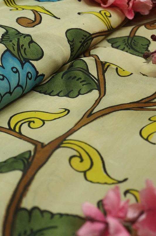 Pastel Hand Painted Kalamkari Pure Silk Fabric ( 1 Mtr ) - Luxurion World