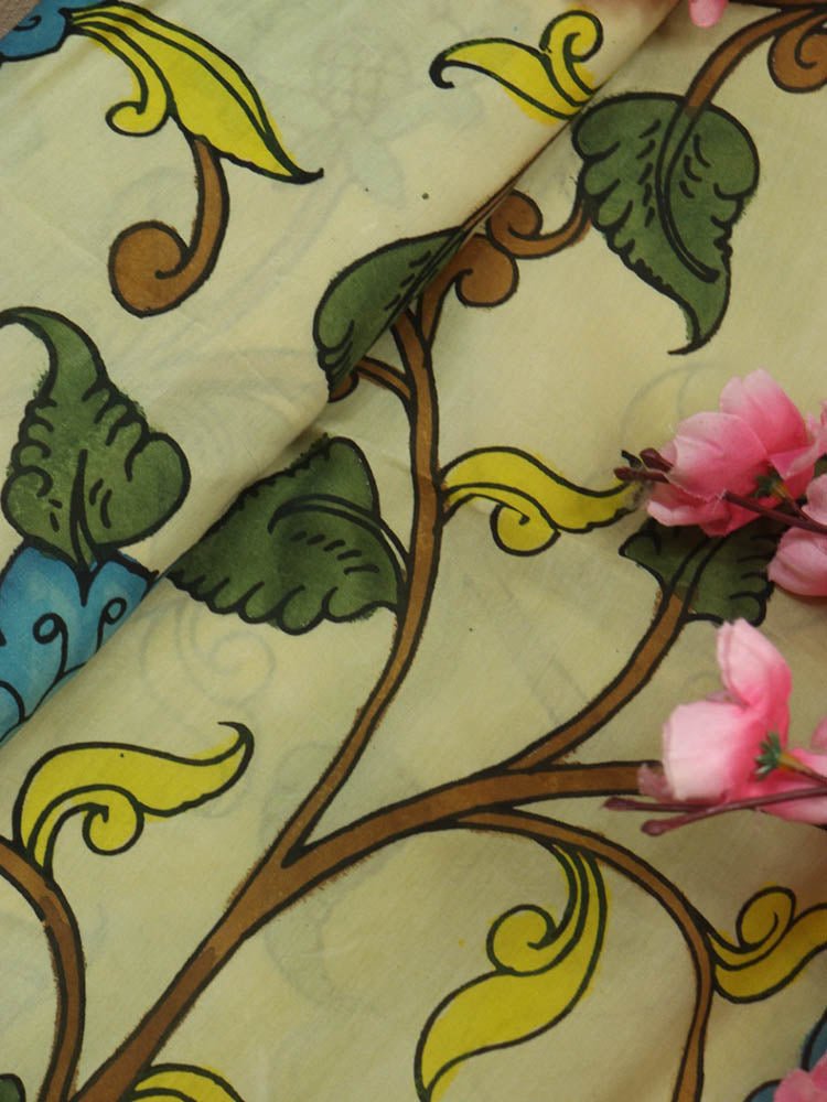Pastel Hand Painted Kalamkari Pure Silk Fabric ( 1 Mtr )