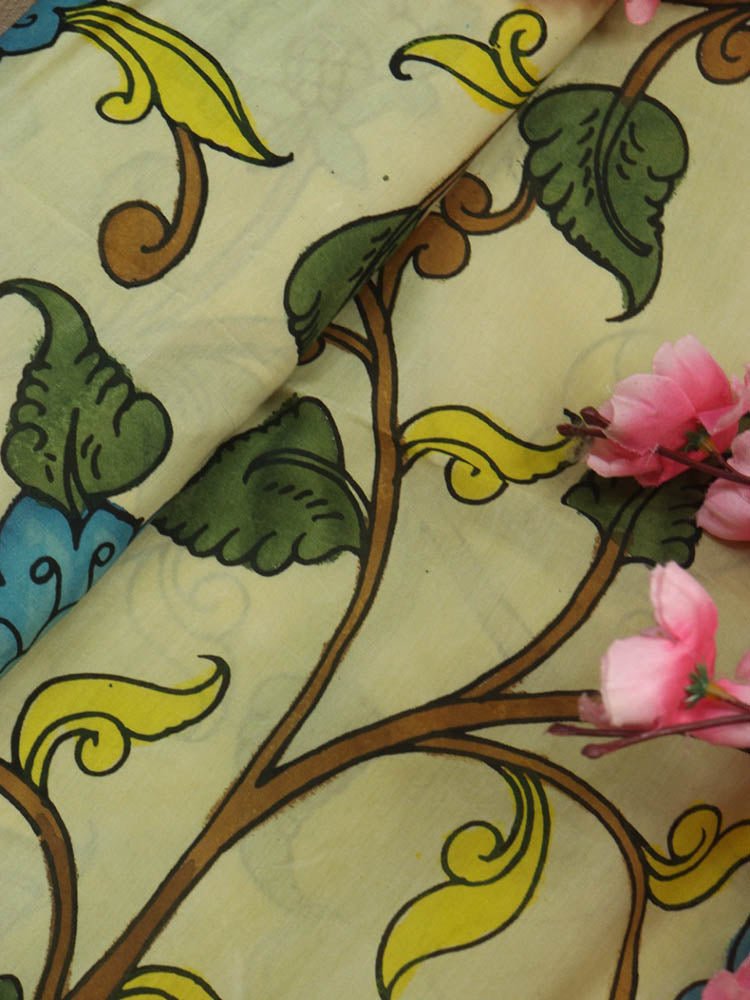 Pastel Hand Painted Kalamkari Pure Silk Fabric ( 1 Mtr ) - Luxurion World
