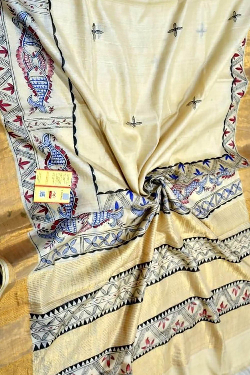 Pastel Hand Painted Madhubani Tussar Silk Saree - Luxurion World