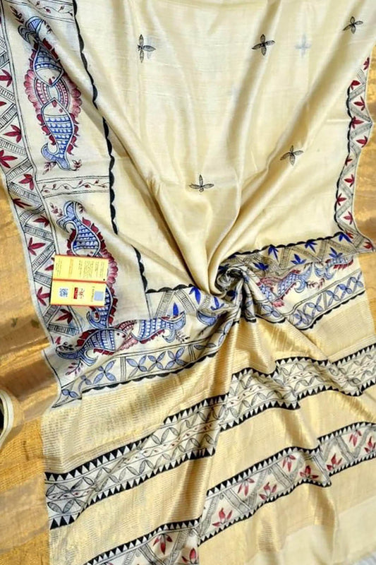 Pastel Hand Painted Madhubani Tussar Silk Saree - Luxurion World