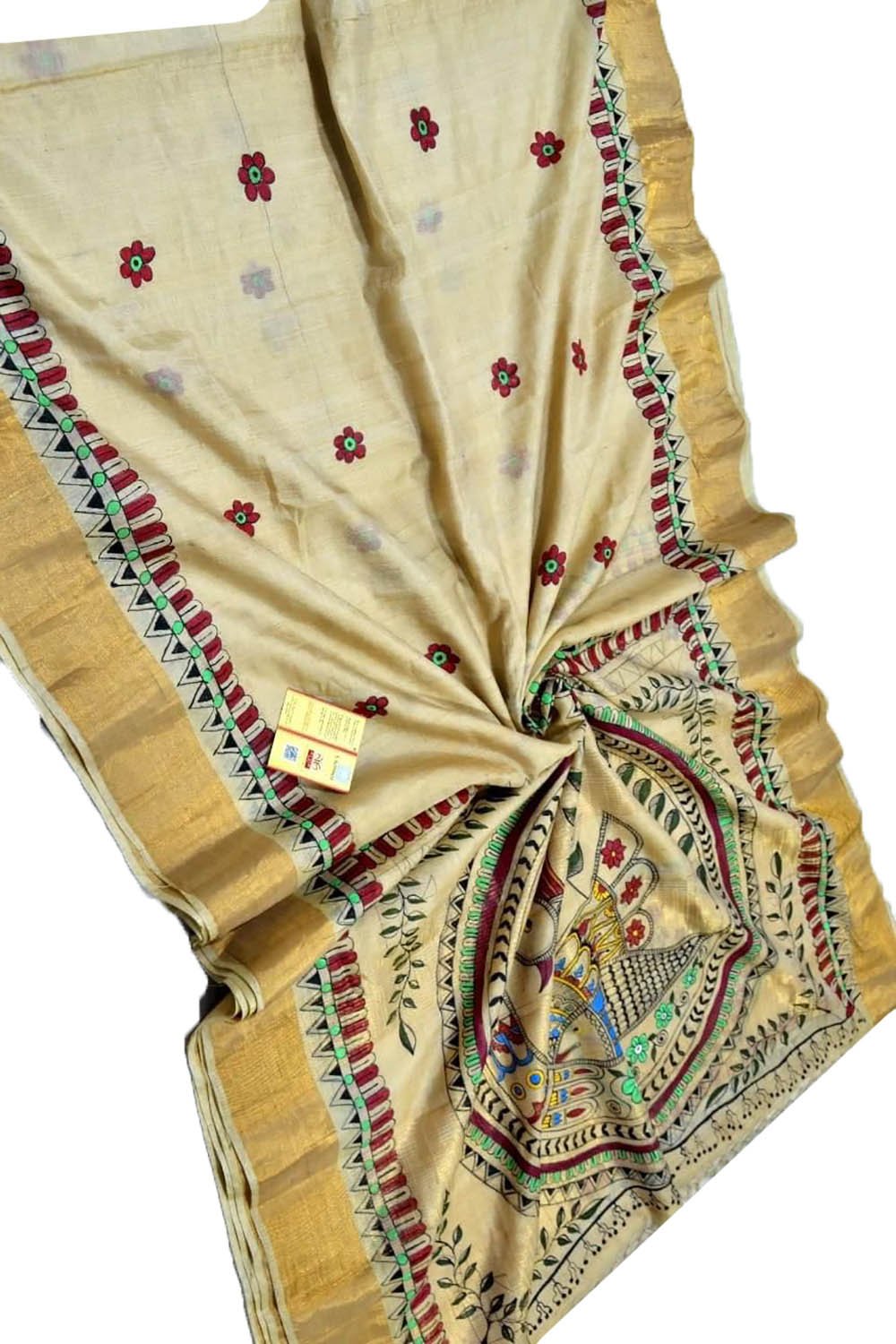 Pastel Hand Painted Madhubani Tussar Silk Saree - Luxurion World