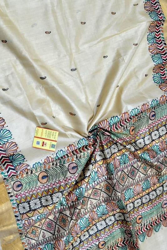 Pastel Hand Painted Madhubani Tussar Silk Saree - Luxurion World