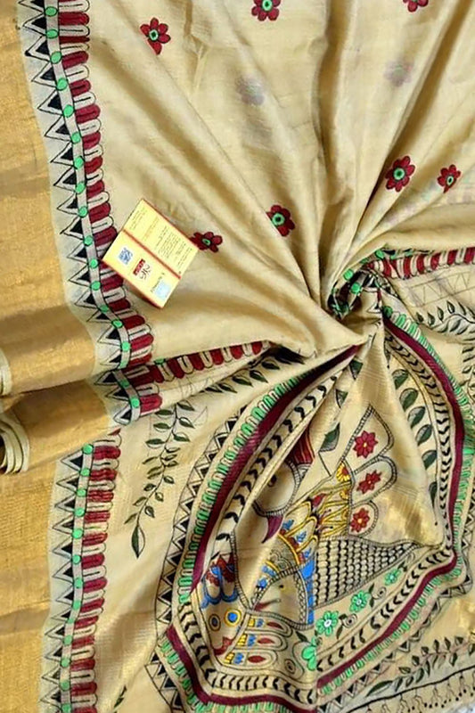 Pastel Hand Painted Madhubani Tussar Silk Saree - Luxurion World