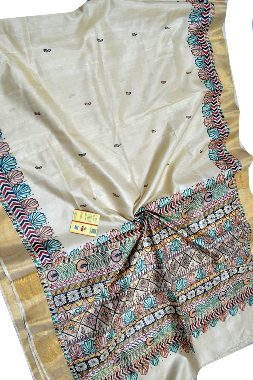 Pastel Hand Painted Madhubani Tussar Silk Saree - Luxurion World