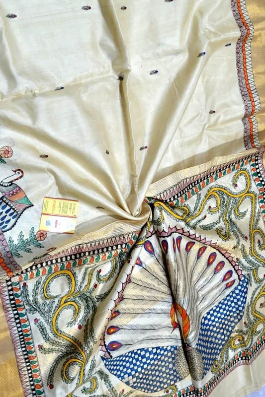 Pastel Hand Painted Madhubani Tussar Silk Saree - Luxurion World