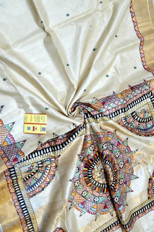 Pastel Hand Painted Madhubani Tussar Silk Saree - Luxurion World