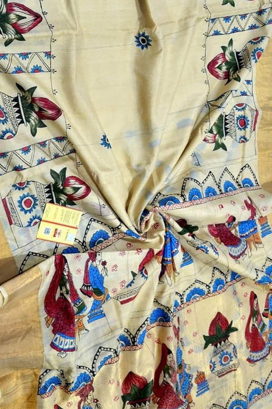 Pastel Hand Painted Madhubani Tussar Silk Saree - Luxurion World