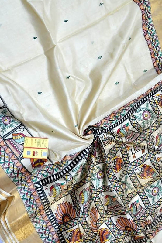 Pastel Hand Painted Madhubani Tussar Silk Saree - Luxurion World