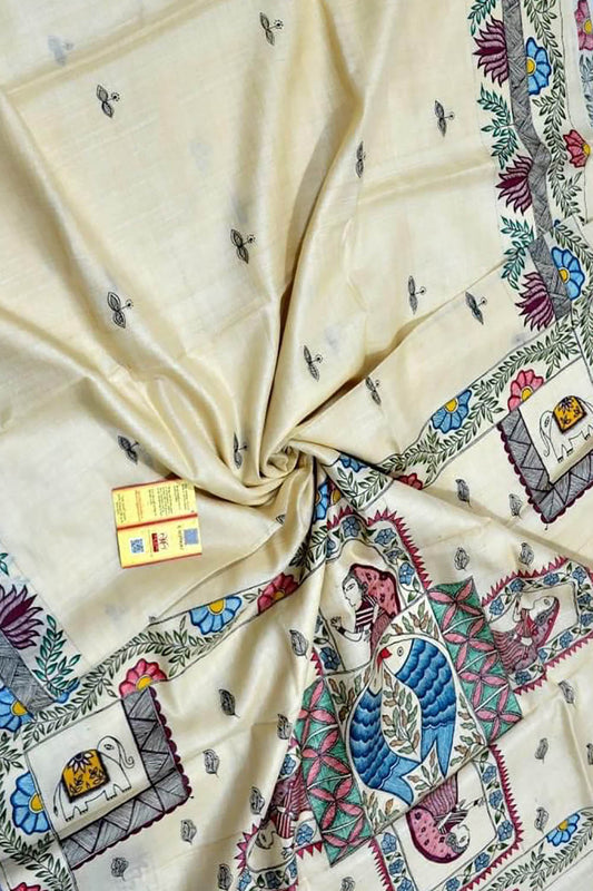 Pastel Hand Painted Madhubani Tussar Silk Saree - Luxurion World