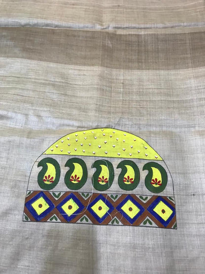 Pastel Hand Painted Madhubani Tussar Silk Unstitched Blouse Fabric ( 1 Mtr )
