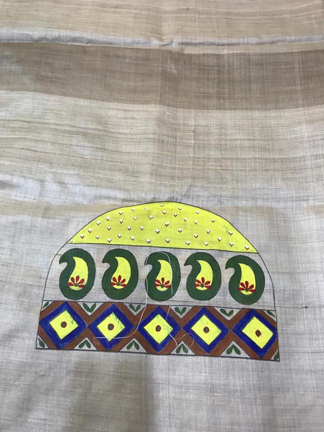 Pastel Hand Painted Madhubani Tussar Silk Unstitched Blouse Fabric ( 1 Mtr ) - Luxurion World