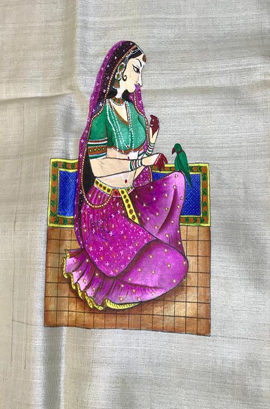 Pastel Hand Painted Madhubani Tussar Silk Unstitched Blouse Fabric ( 1 Mtr ) - Luxurion World