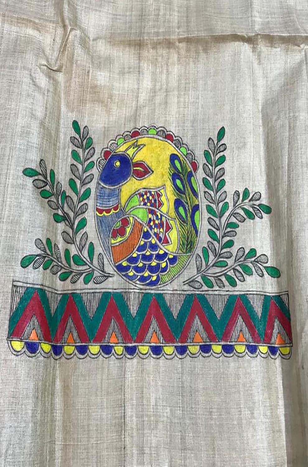 Pastel Hand Painted Madhubani Tussar Silk Unstitched Blouse Fabric ( 1 Mtr ) - Luxurion World