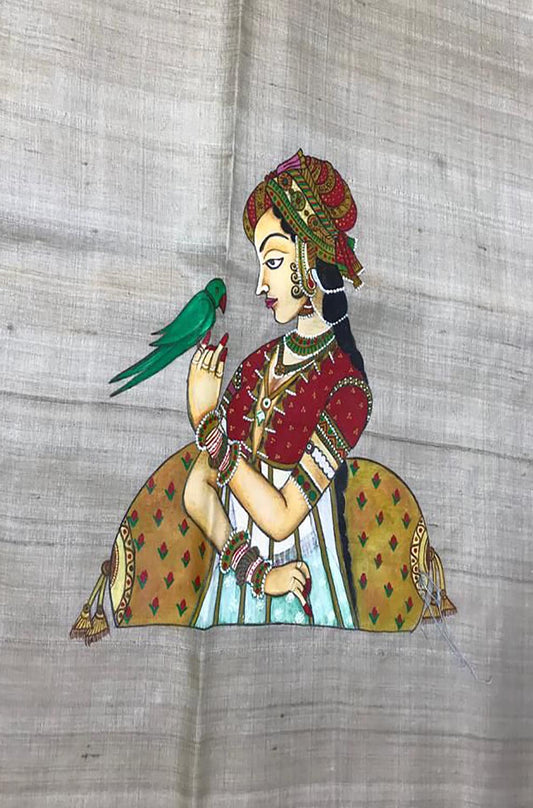 Pastel Hand Painted Madhubani Tussar Silk Unstitched Blouse Fabric ( 1 Mtr ) - Luxurion World