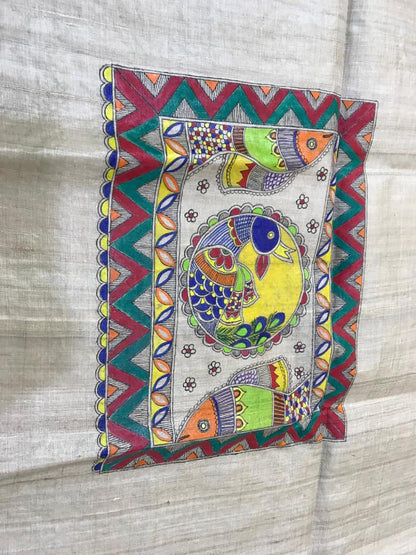 Pastel Hand Painted Madhubani Tussar Silk Unstitched Blouse Fabric ( 1 Mtr ) - Luxurion World