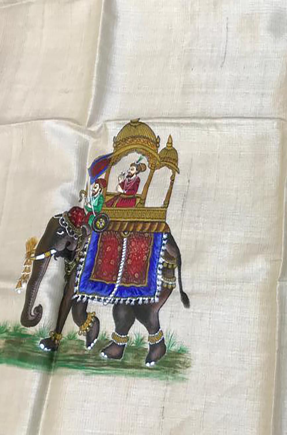 Pastel Hand Painted Madhubani Tussar Silk Unstitched Blouse Fabric ( 1 Mtr ) - Luxurion World