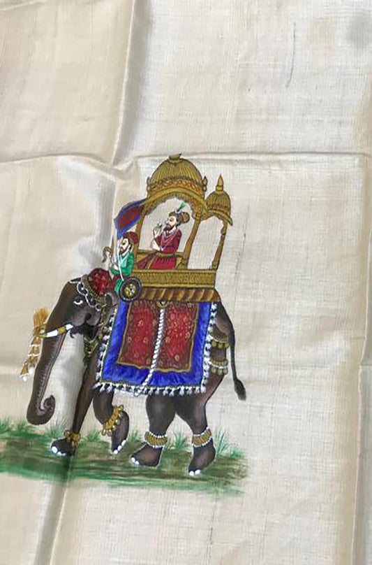 Pastel Hand Painted Madhubani Tussar Silk Unstitched Blouse Fabric ( 1 Mtr ) - Luxurion World