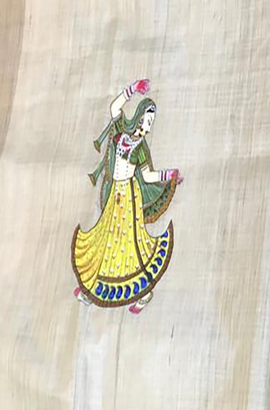 Pastel Hand Painted Madhubani Tussar Silk Unstitched Blouse Fabric ( 1 Mtr ) - Luxurion World