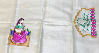Pastel Hand Painted Madhubani Tussar Silk Unstitched Blouse Fabric ( 1 Mtr )